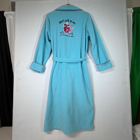 Fleece Bath Robe Medium Blue Coffee Cup Embroidered‎ Cozy Lounge Sleep Wear - Picture 4 of 10